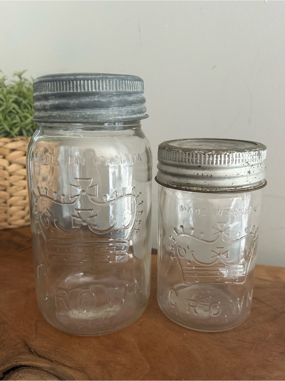 Vintage Crown Clear Glass Mason Jar with Silver Metal Lid - Set of 2